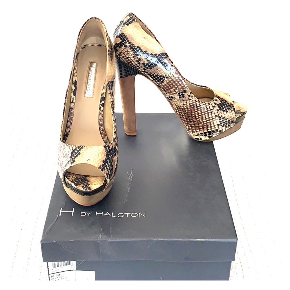 Halston Peeptoe plateau snake print & suede heels
